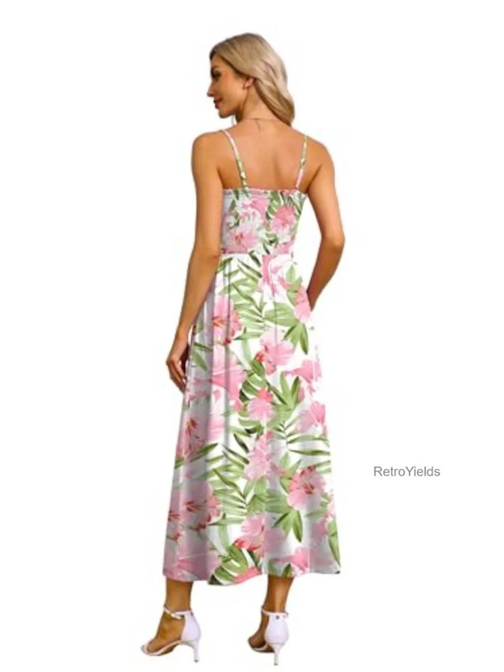 OFEEFAN Spaghetti Strap Maxi Dress Smocked with Pockets Polyester Spandex
